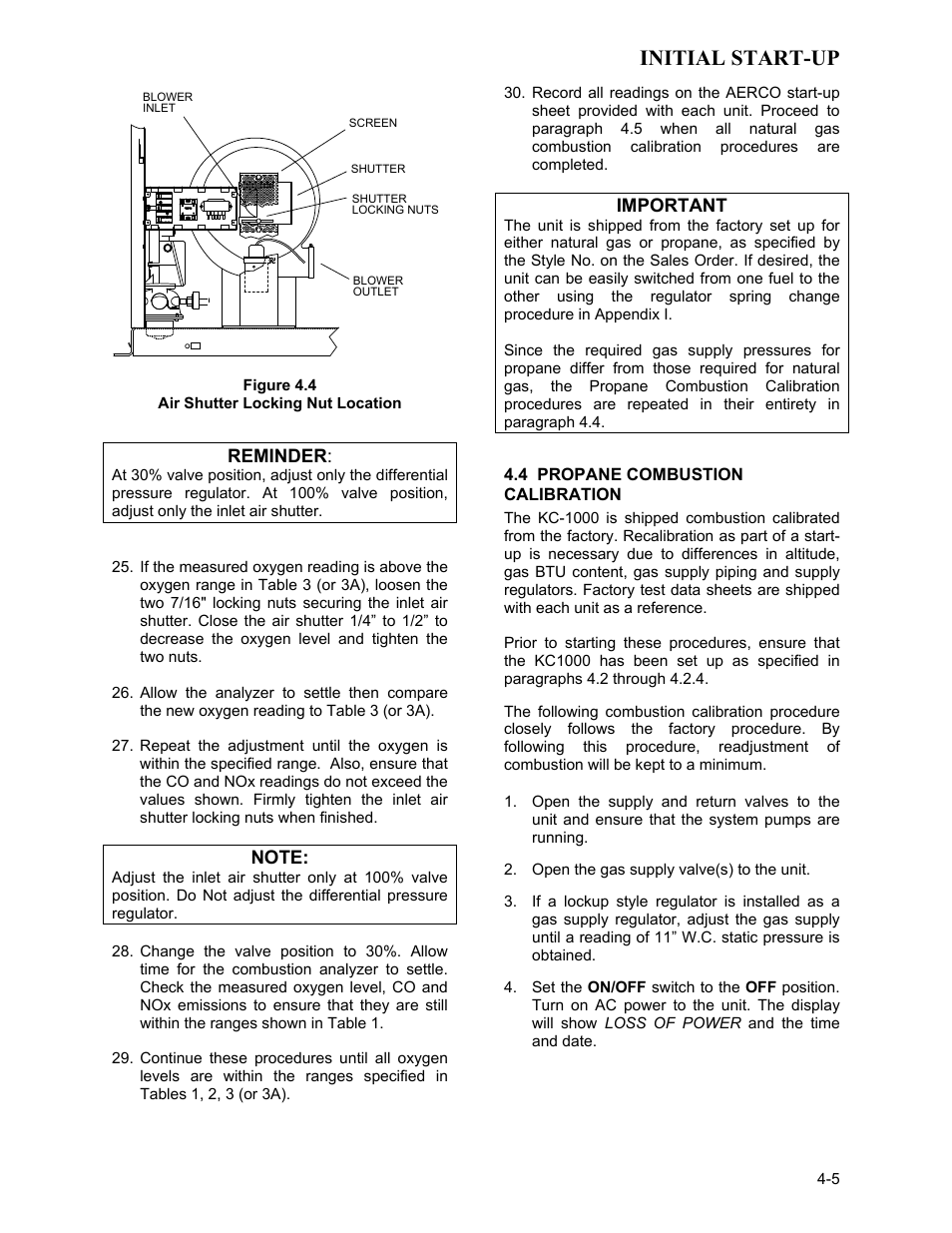 Air shutter locking nut location, 4 propane combustion calibration, Initial start-up | AERCO KC1000 Heater Mar 2011 User Manual | Page 33 / 117