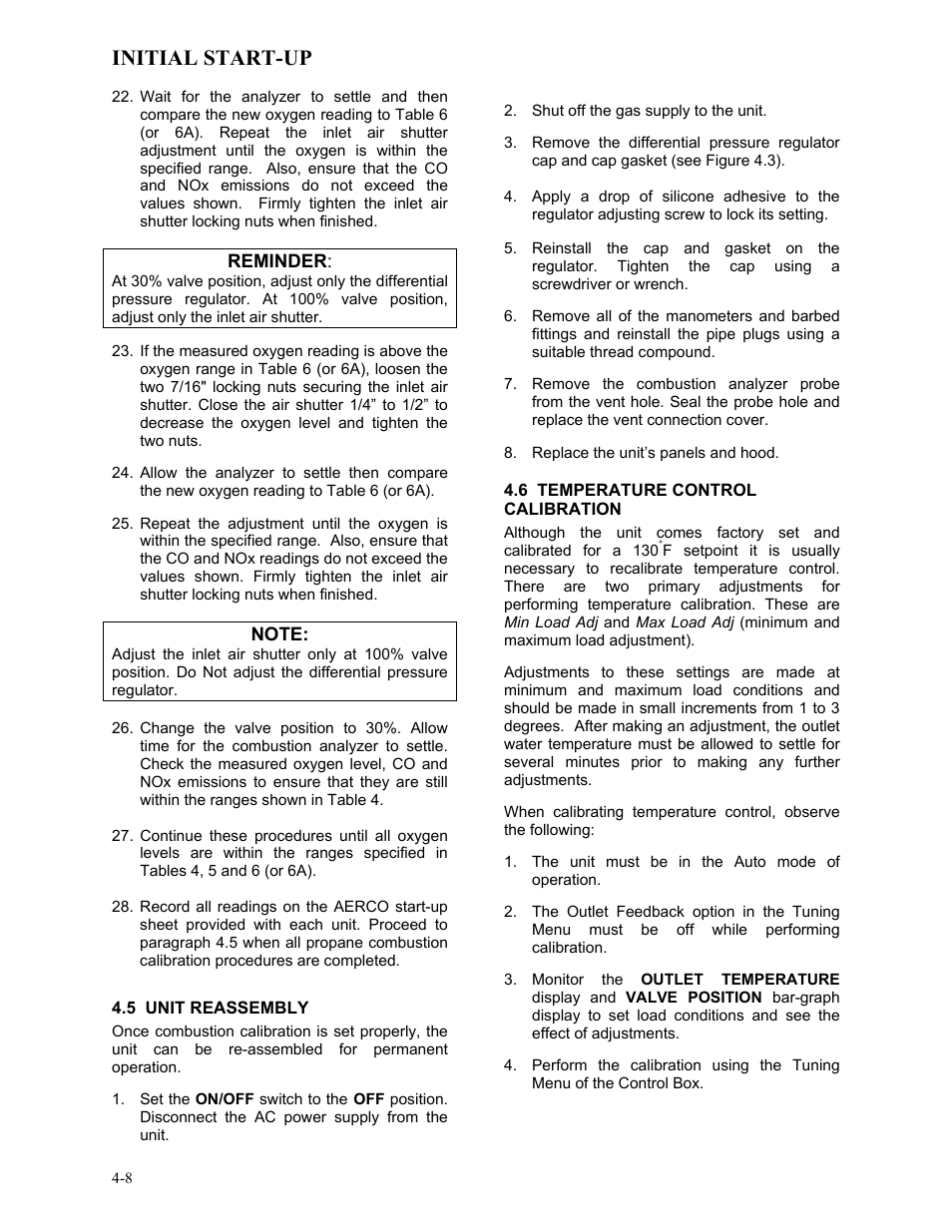 5 unit reassembly, 6 temperature control calibration, Initial start-up | AERCO KC1000 Heater Mar 2011 User Manual | Page 36 / 117