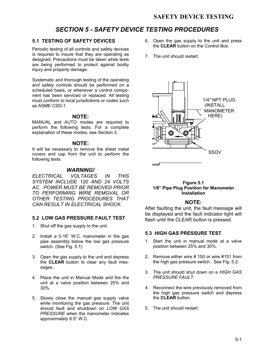 Section 5 - safety device testing procedures, 1 testing of safety devices, 2 low gas pressure fault test | Figure 5.1, 1/8” pipe plug position for manometer installation, 3 high gas pressure test, Safety device testing | AERCO KC1000 Heater Mar 2011 User Manual | Page 39 / 117