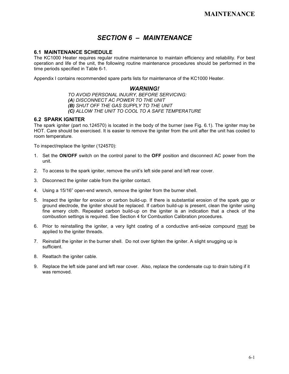 1 maintenance schedule, 2 spark igniter, Maintenance | AERCO KC1000 Heater Mar 2011 User Manual | Page 45 / 117