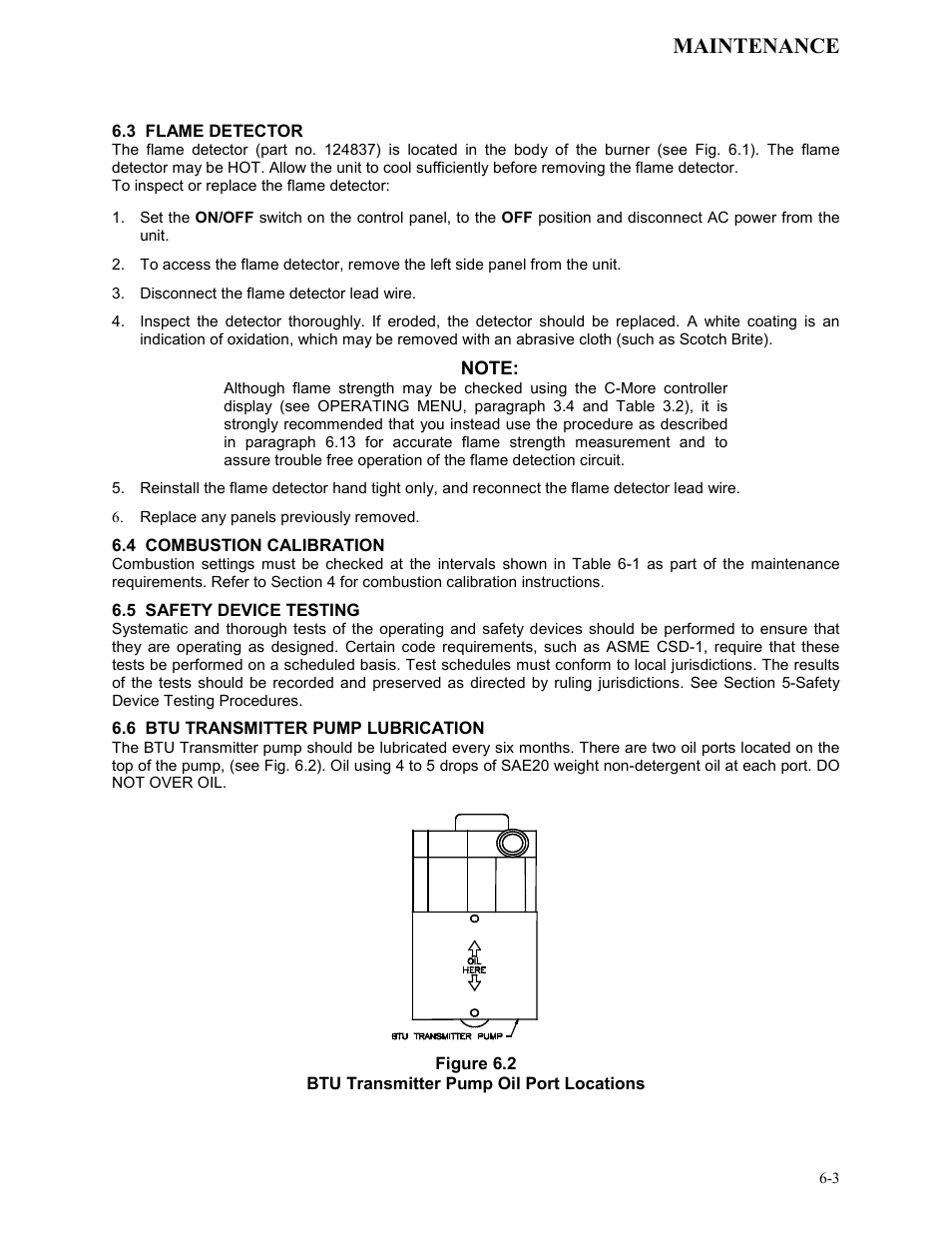 3 flame detector, 4 combustion calibration, 5 safety device testing | 6 btu transmitter pump lubrication, Figure 6.2, Btu transmitter pump oil port locations, Maintenance | AERCO KC1000 Heater Mar 2011 User Manual | Page 47 / 117