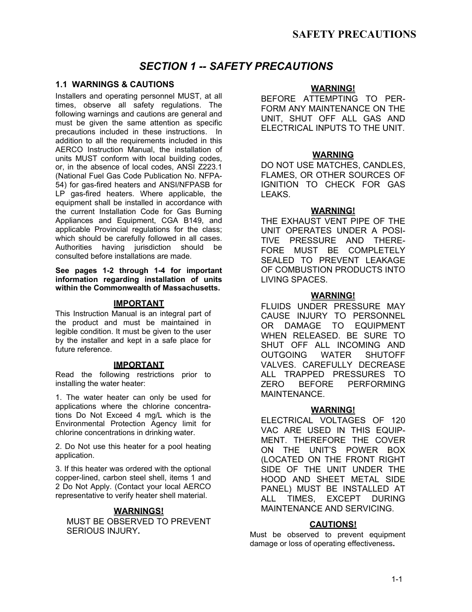 1 warnings & cautions, Safety precautions | AERCO KC1000 Heater Mar 2011 User Manual | Page 5 / 117
