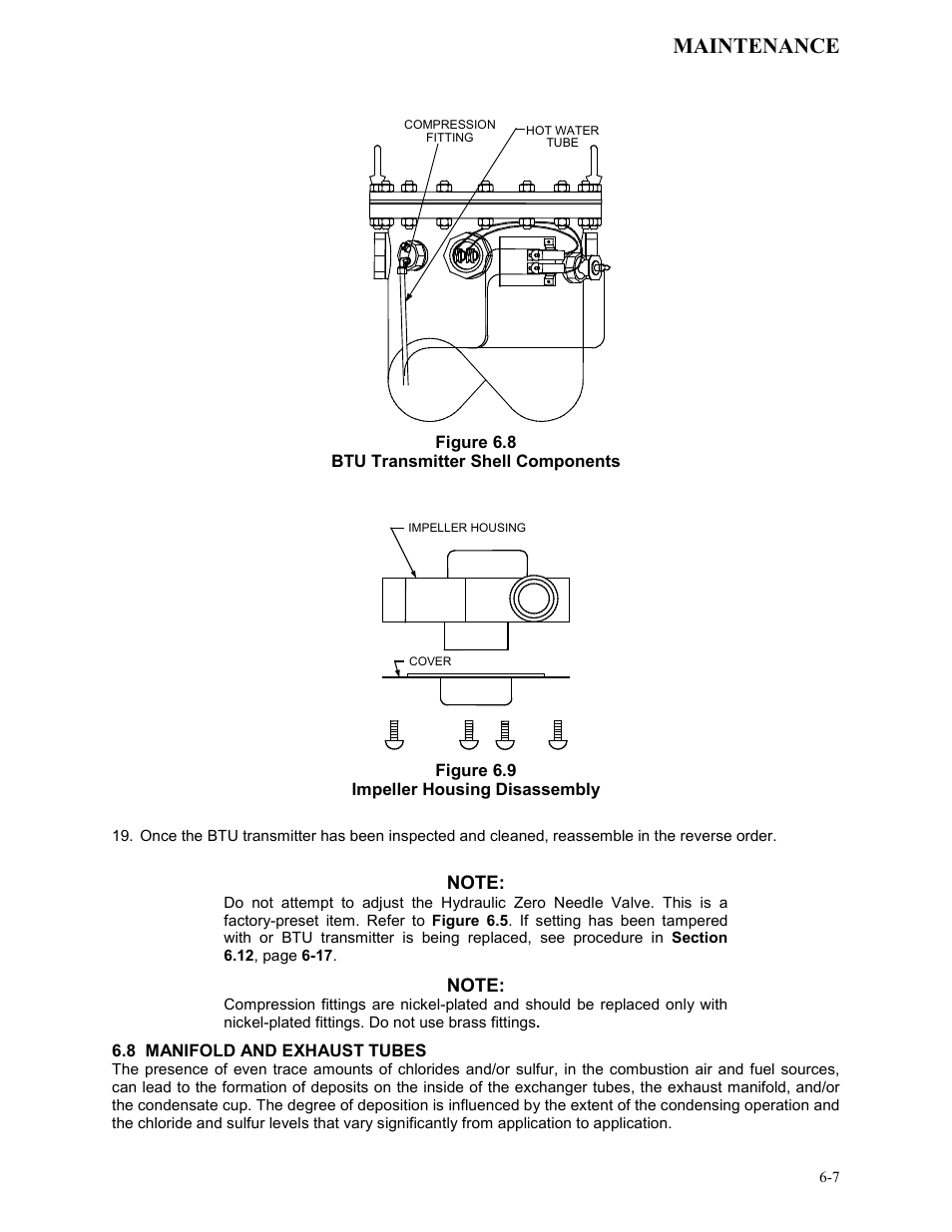 Figure 6.8, Btu transmitter shell components, Figure 6.9 | Impeller housing disassembly, 8 manifold and exhaust tubes, Maintenance | AERCO KC1000 Heater Mar 2011 User Manual | Page 51 / 117