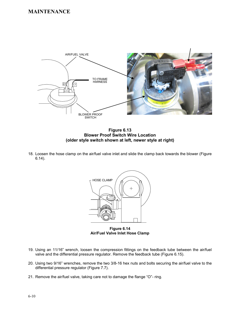 Figure 6.13, Blower proof switch wire location, Figure 6.14 | Air/fuel valve inlet hose clamp, Maintenance | AERCO KC1000 Heater Mar 2011 User Manual | Page 54 / 117