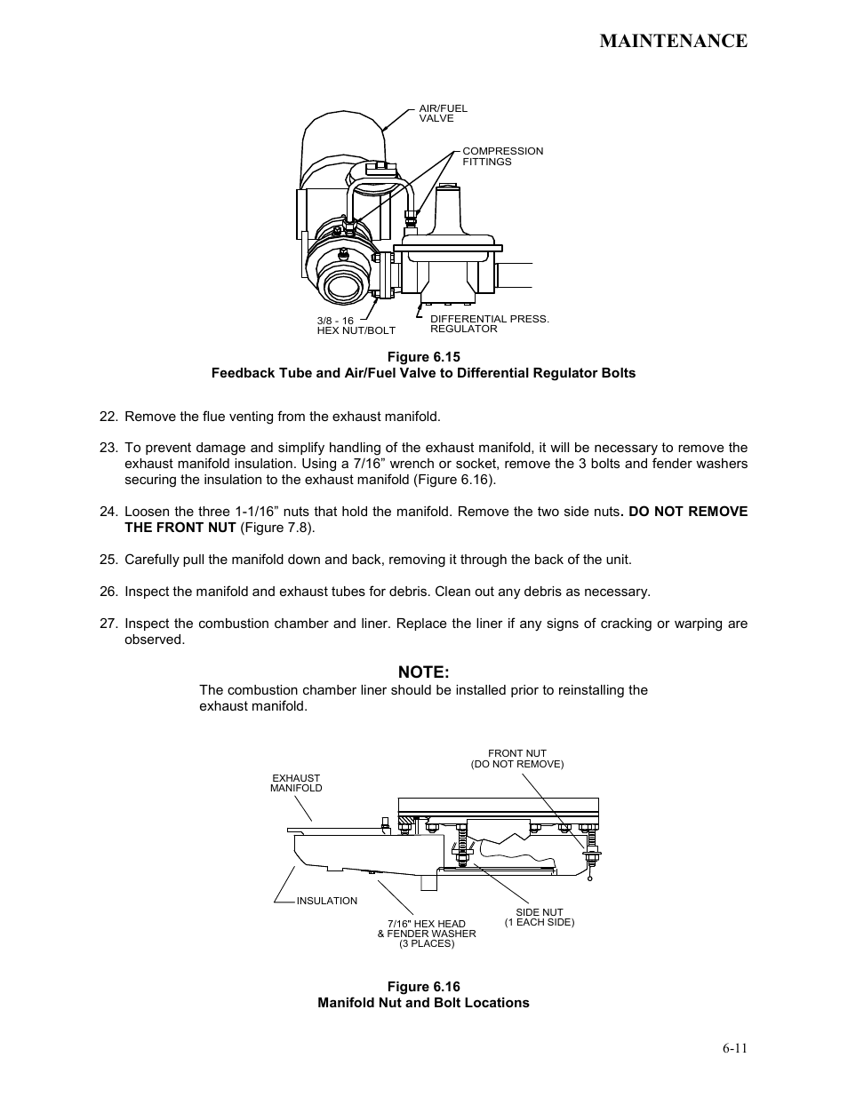 Figure 6.15, Figure 6.16, Manifold nut and bolt locations | Maintenance | AERCO KC1000 Heater Mar 2011 User Manual | Page 55 / 117