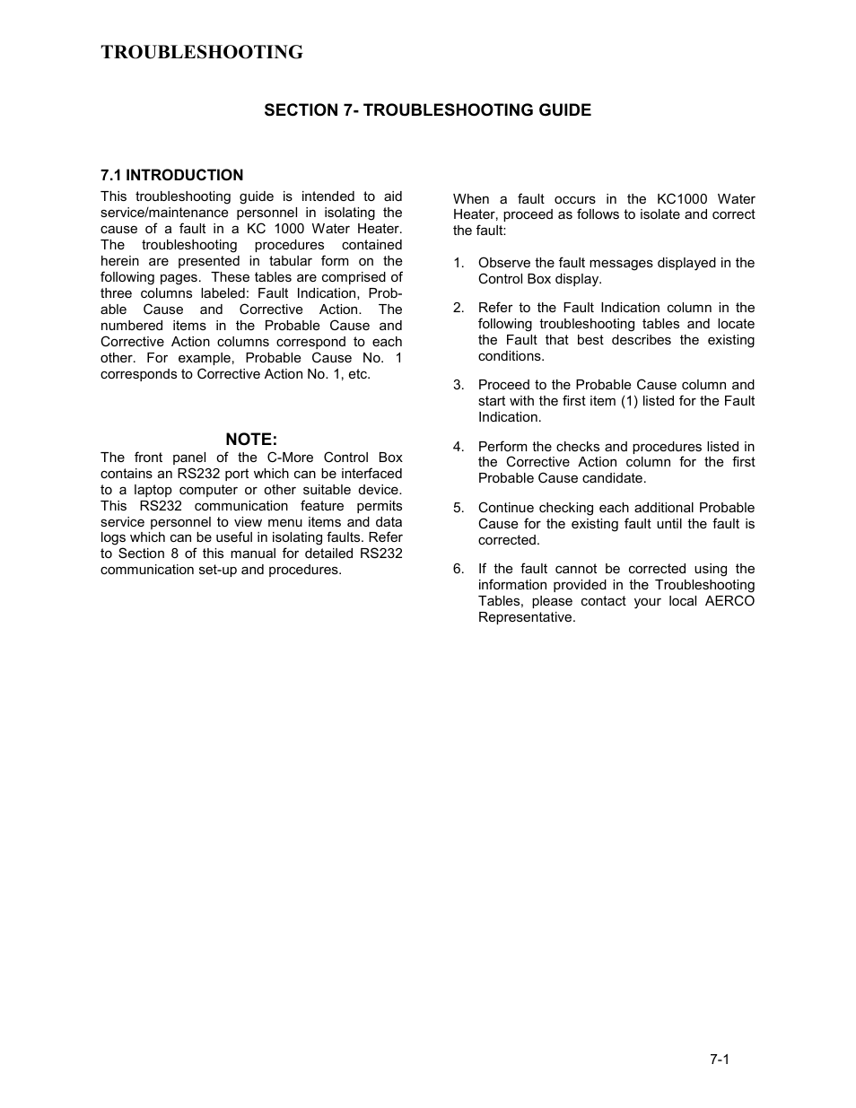 1 introduction, Troubleshooting | AERCO KC1000 Heater Mar 2011 User Manual | Page 65 / 117