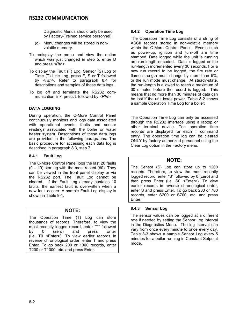 Data logging, 1 fault log, 2 operation time log | 3 sensor log, Rs232 communication | AERCO KC1000 Heater Mar 2011 User Manual | Page 76 / 117