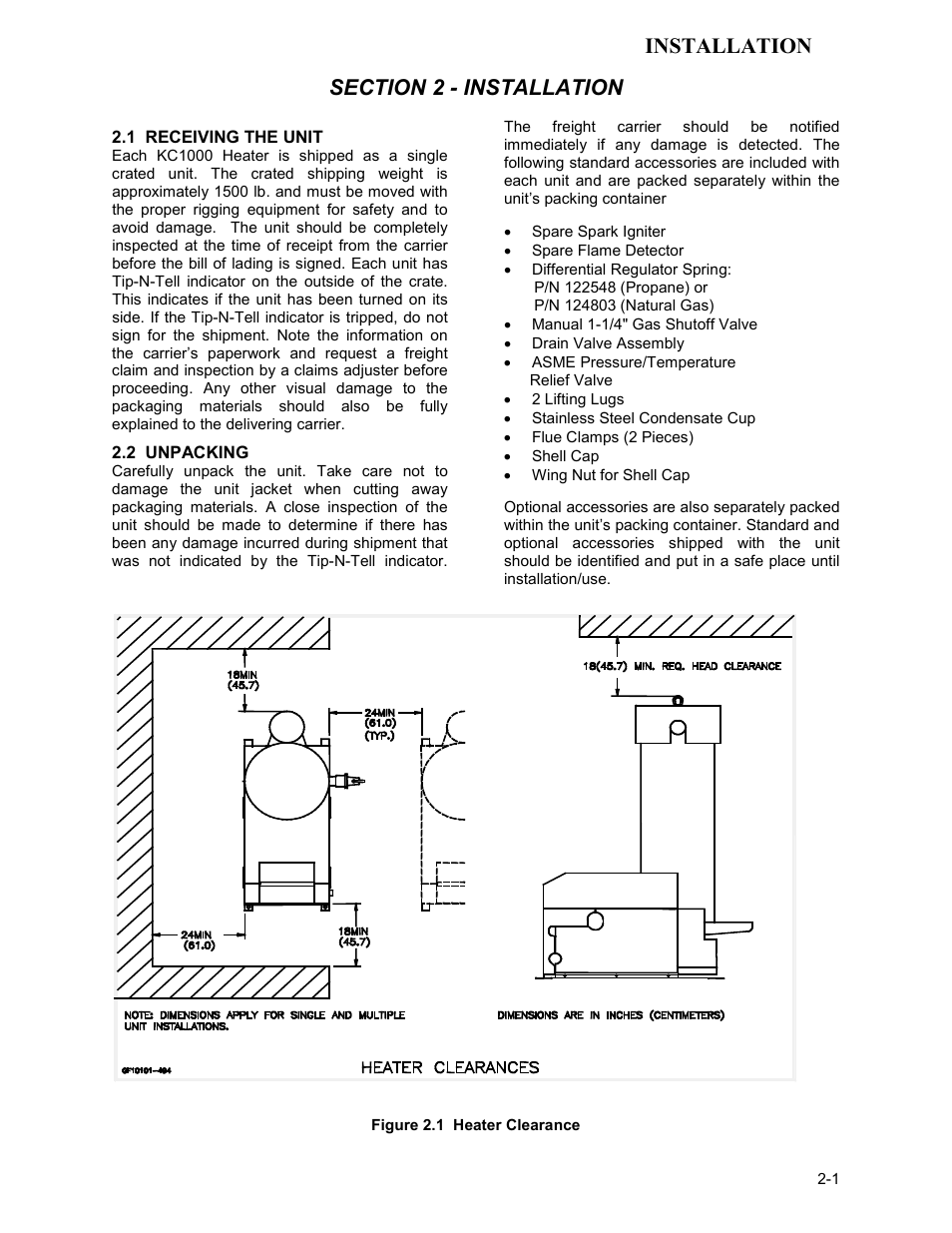 1 receiving the unit, 2 unpacking, Installation | AERCO KC1000 Heater Mar 2011 User Manual | Page 9 / 117