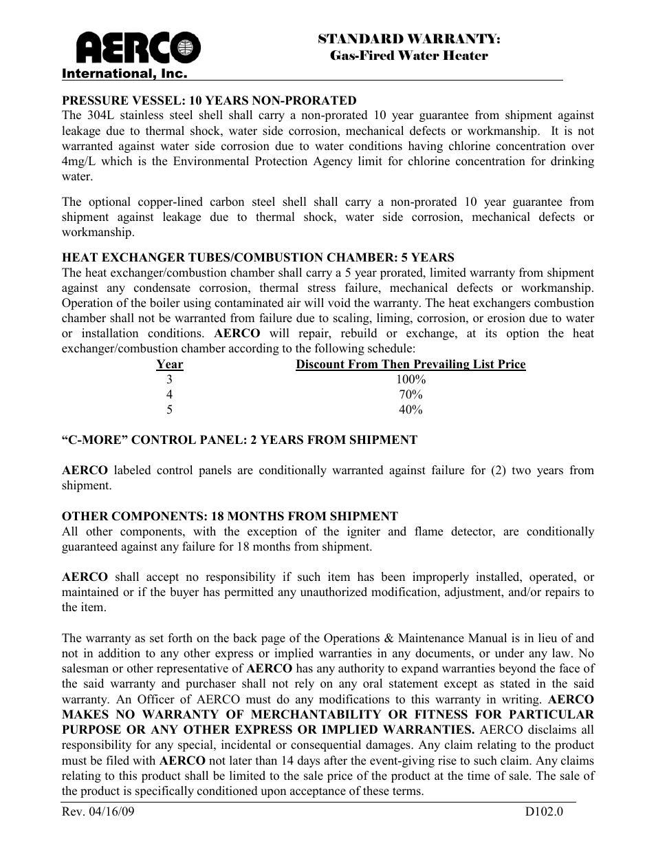 Kc-h-warranty dsg | AERCO KC Series Equipped with C-More version 3.04 User Manual | Page 109 / 110
