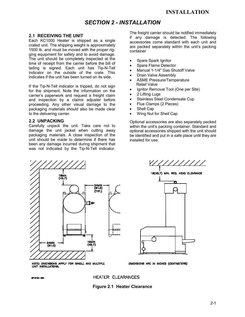 Kc-h-ch2 -22-10, 1 receiving the unit, 2 unpacking | Installation | AERCO KC Series Equipped with C-More version 3.04 User Manual | Page 11 / 110