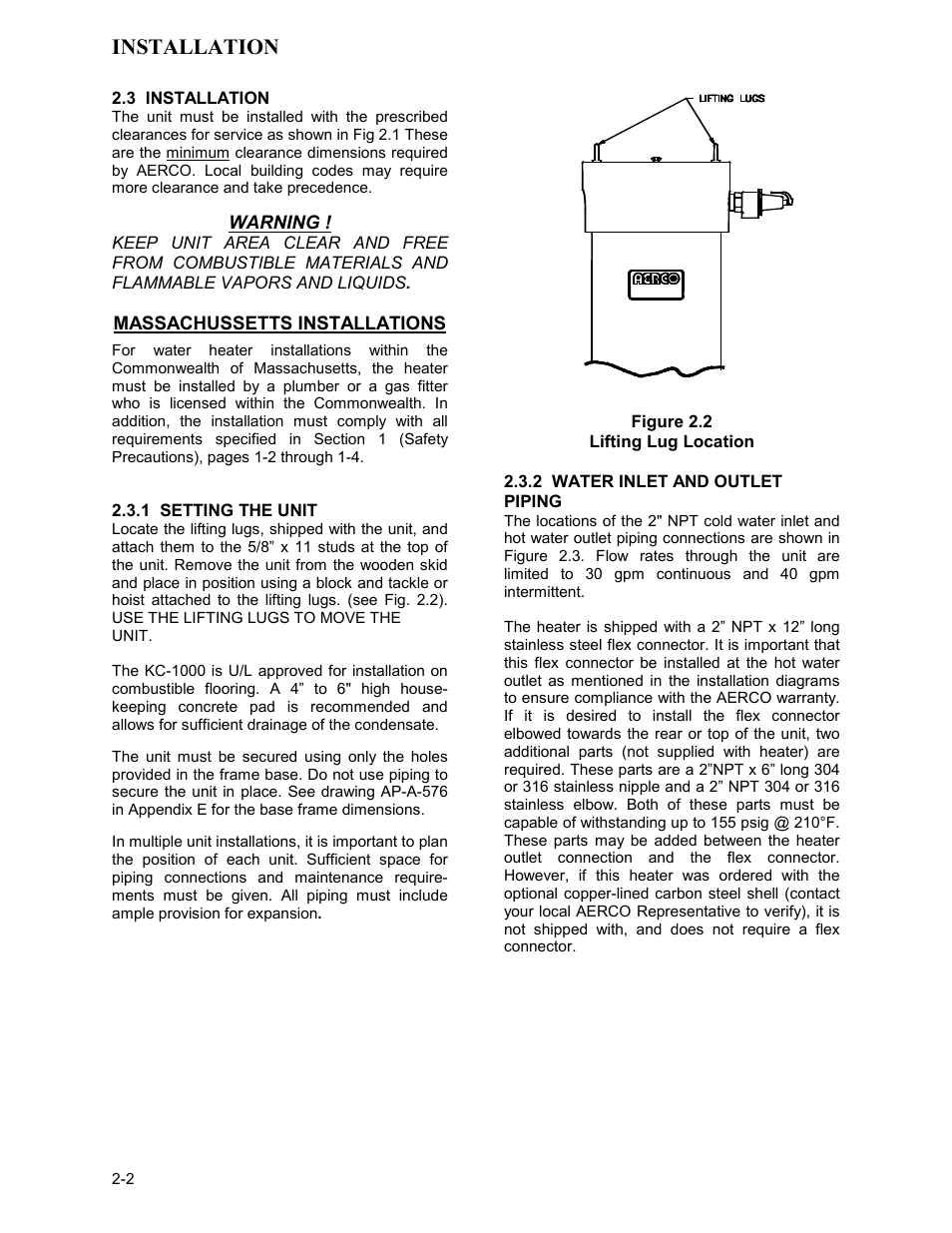 3 installation, 1 setting the unit, Figure 2.2 | Lifting lug location, 2 water inlet and outlet piping, Installation | AERCO KC Series Equipped with C-More version 3.04 User Manual | Page 12 / 110