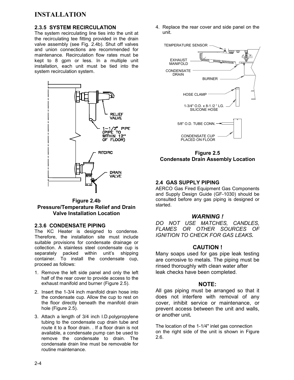 Figure 2.4b, Figure 2.5, Condensate drain assembly location | 4 gas supply piping, Installation | AERCO KC Series Equipped with C-More version 3.04 User Manual | Page 14 / 110