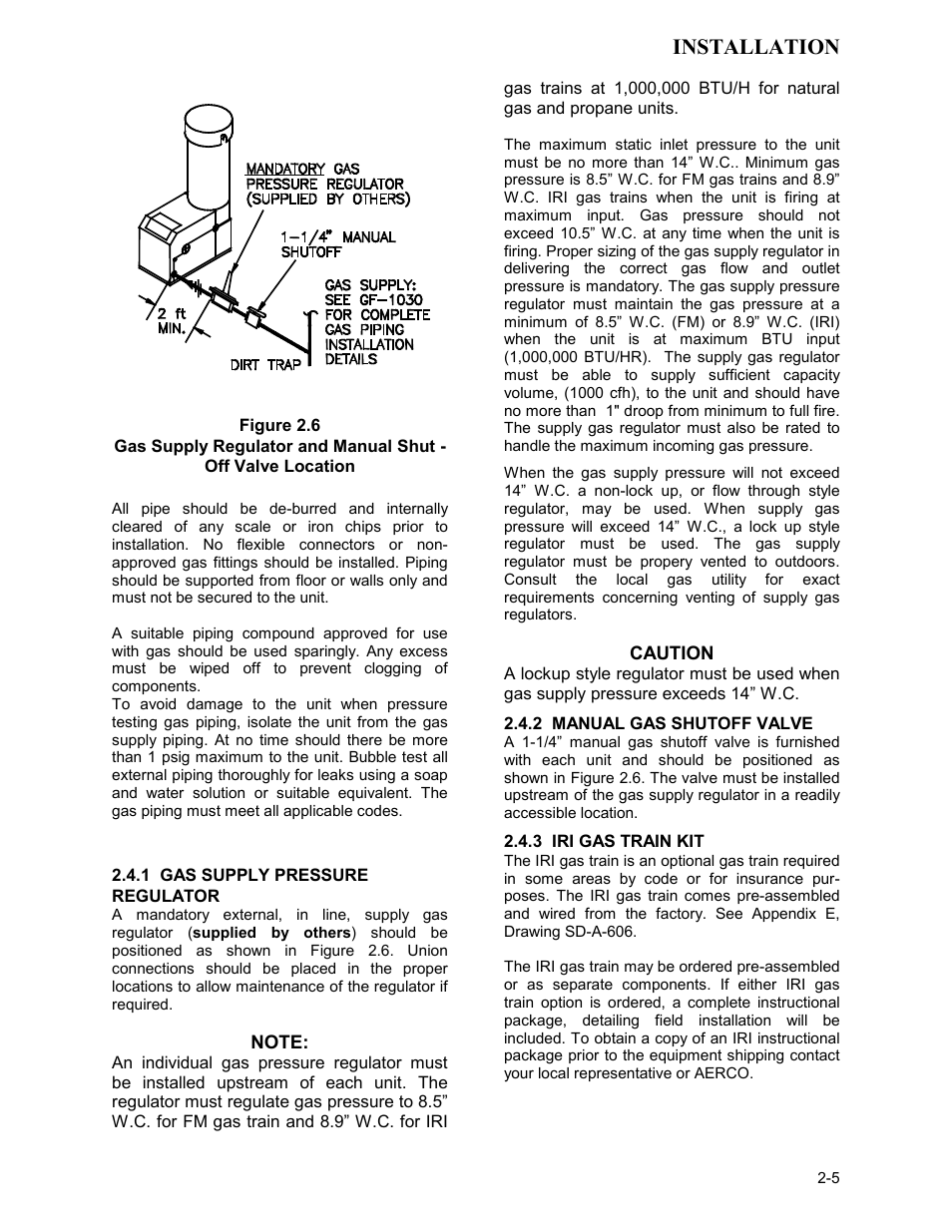 Figure 2.6, 1 gas supply pressure regulator, 2 manual gas shutoff valve | 3 iri gas train kit, Installation | AERCO KC Series Equipped with C-More version 3.04 User Manual | Page 15 / 110