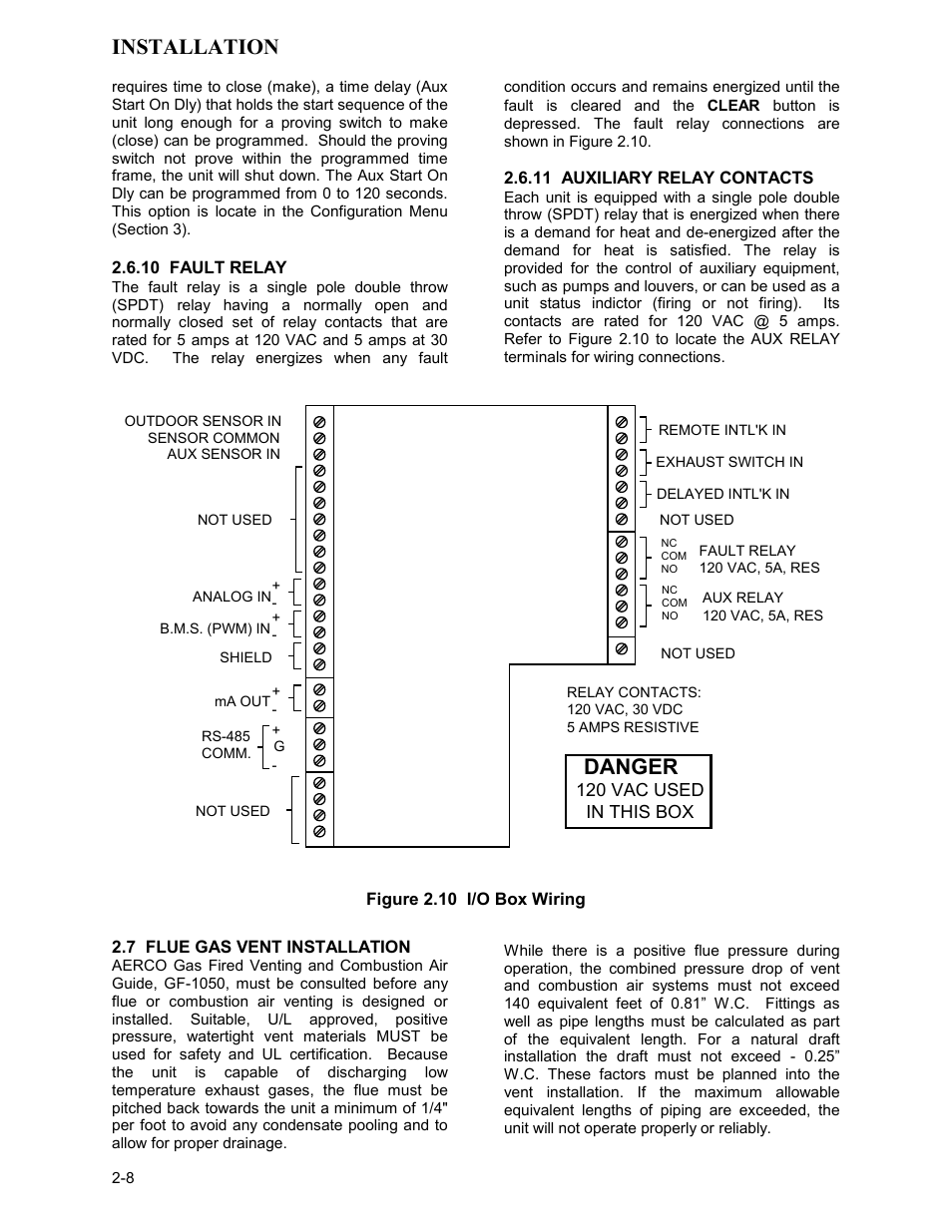 10 fault relay, Figure 2.10 i/o box wiring, 7 flue gas vent installation | Installation, Danger | AERCO KC Series Equipped with C-More version 3.04 User Manual | Page 18 / 110