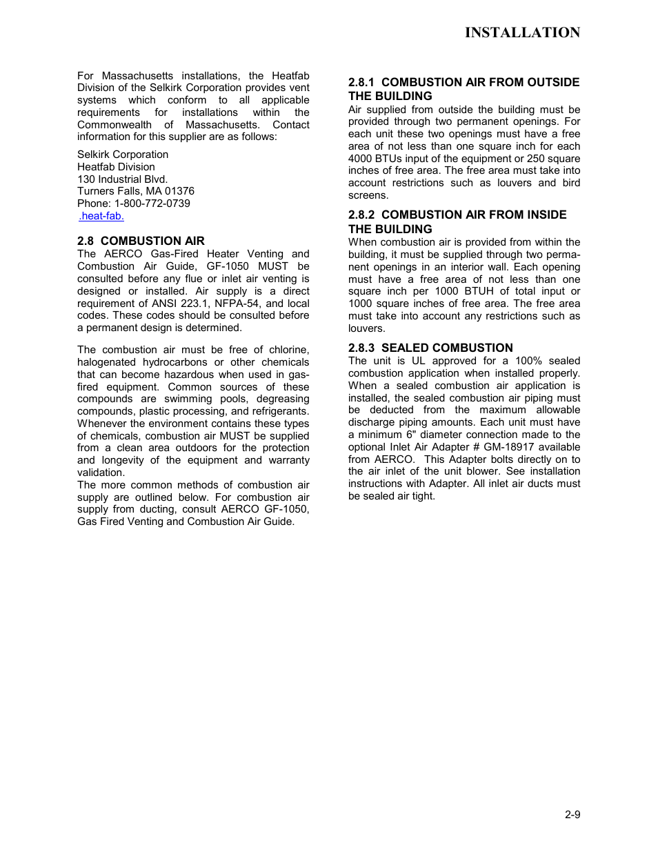 8 combustion air, 1 combustion air from outside the building, 2 combustion air from inside the building | 3 sealed combustion, Installation | AERCO KC Series Equipped with C-More version 3.04 User Manual | Page 19 / 110
