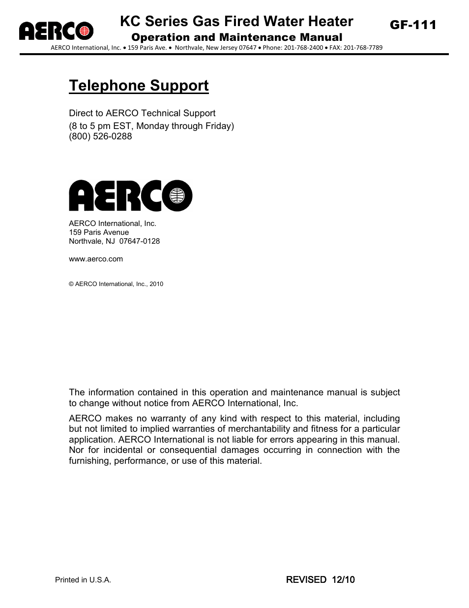 Utelephone support, Direct to aerco technical support, Telephone support | Kc series gas fired water heater, Gf-111, Operation and maintenance manual | AERCO KC Series Equipped with C-More version 3.04 User Manual | Page 2 / 110