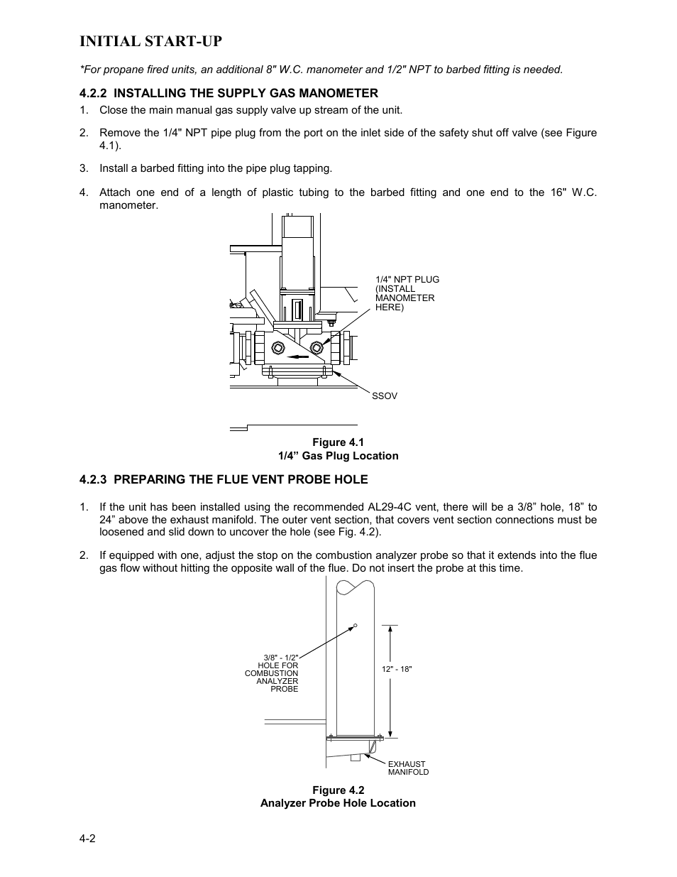 2 installing the supply gas manometer, Figure 4.1, 1/4” gas plug location | 3 preparing the flue vent probe hole, Figure 4.2, Analyzer probe hole location, Initial start-up | AERCO KC Series Equipped with C-More version 3.04 User Manual | Page 32 / 110
