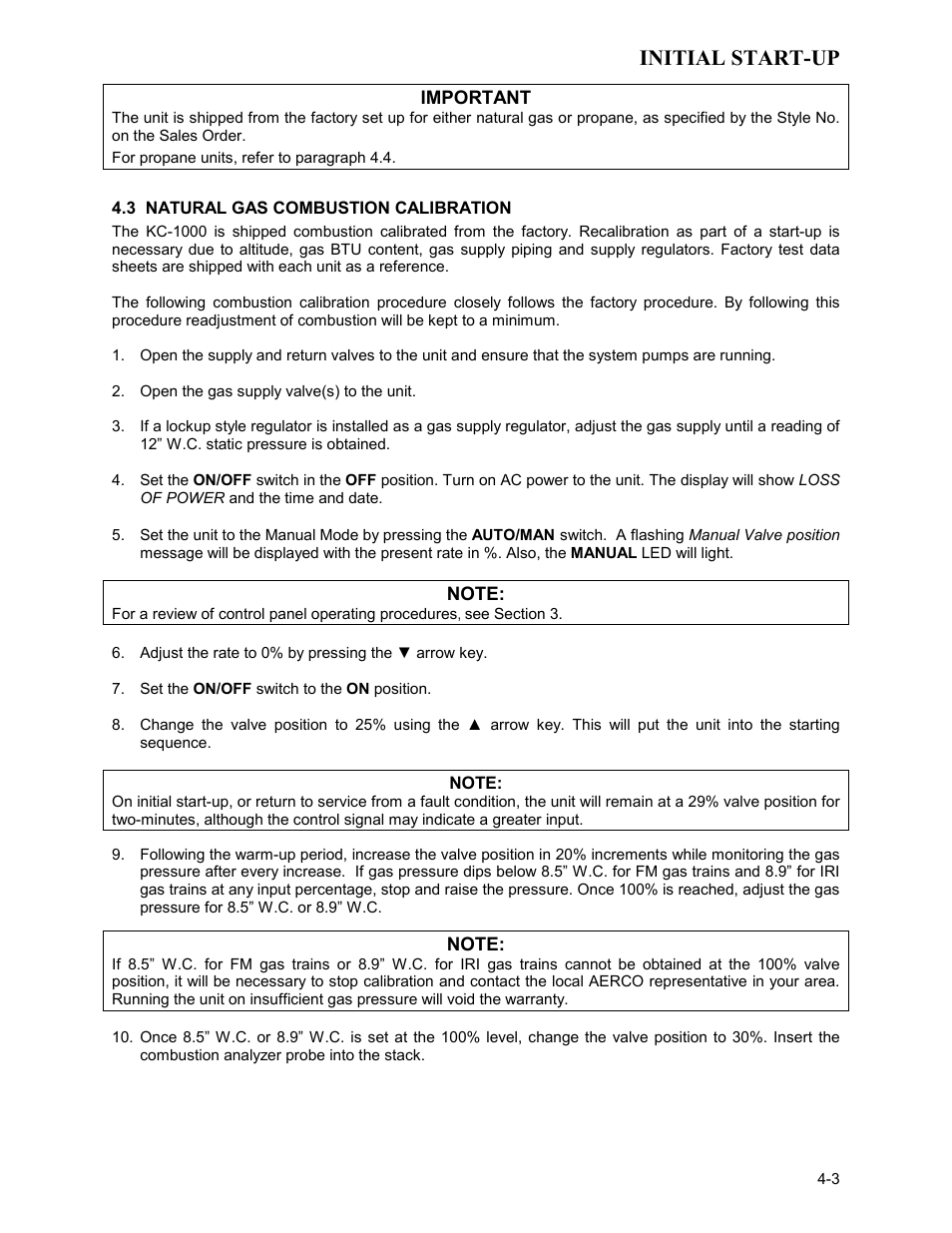 3 natural gas combustion calibration, Initial start-up | AERCO KC Series Equipped with C-More version 3.04 User Manual | Page 33 / 110