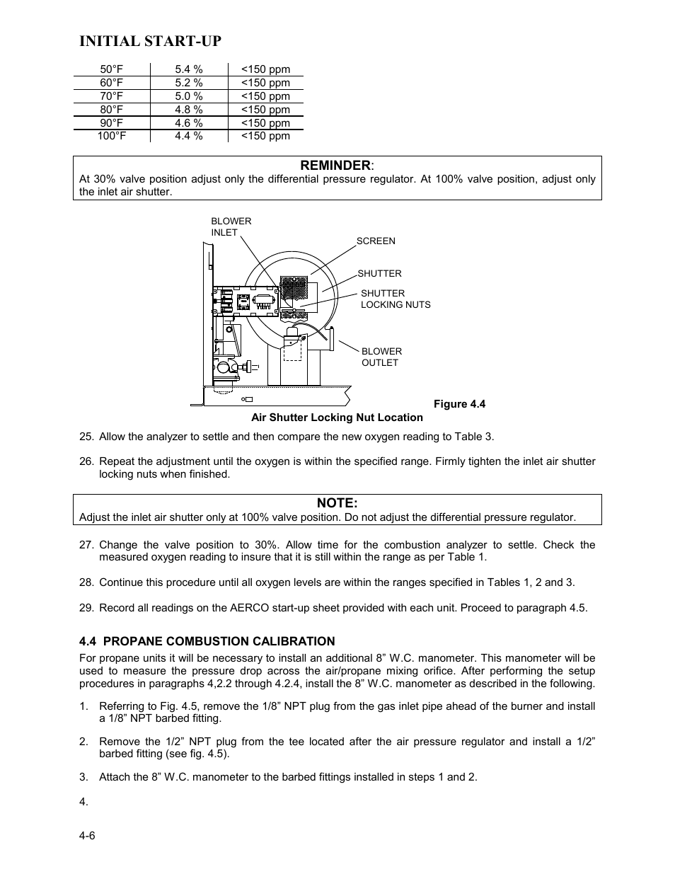 Air shutter locking nut location, 4 propane combustion calibration, Initial start-up | AERCO KC Series Equipped with C-More version 3.04 User Manual | Page 36 / 110