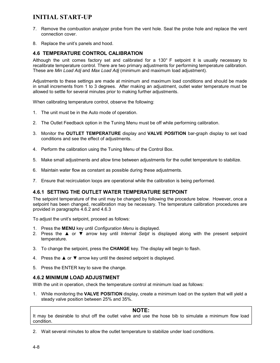 6 temperature control calibration, 1 setting the outlet water temperature setpoint, 2 minimum load adjustment | Initial start-up | AERCO KC Series Equipped with C-More version 3.04 User Manual | Page 38 / 110