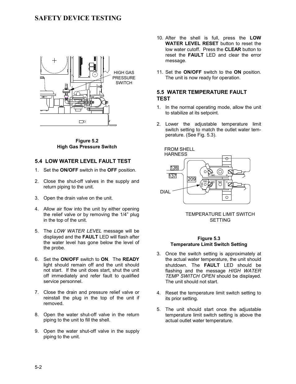 Figure 5.2, 4 low water level fault test, 5 water temperature fault test | Figure 5.3, Temperature limit switch setting, Safety device testing | AERCO KC Series Equipped with C-More version 3.04 User Manual | Page 43 / 110