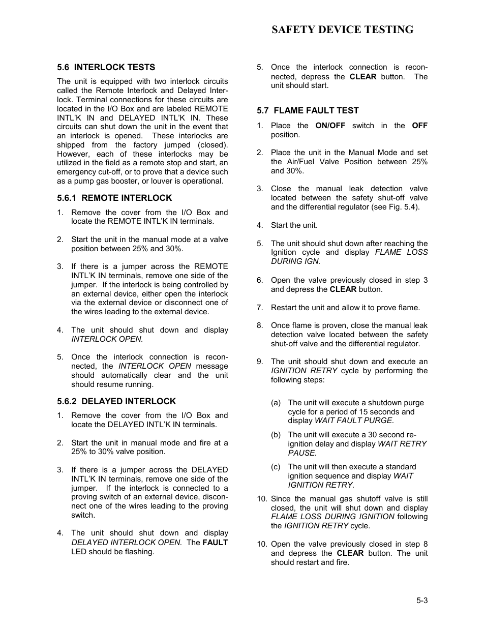 6 interlock tests, 1 remote interlock, 2 delayed interlock | 7 flame fault test, Safety device testing | AERCO KC Series Equipped with C-More version 3.04 User Manual | Page 44 / 110