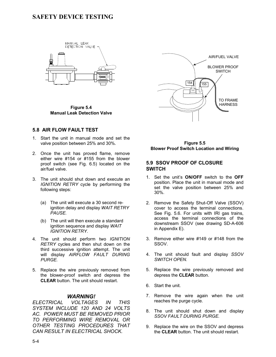 Figure 5.4, Manual leak detection valve, 8 air flow fault test | Figure 5.5, Blower proof switch location and wiring, 9 ssov proof of closure switch, Safety device testing | AERCO KC Series Equipped with C-More version 3.04 User Manual | Page 45 / 110