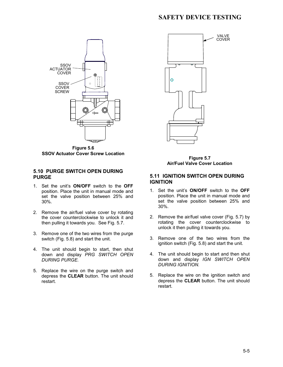Figure 5.6, Ssov actuator cover screw location, 10 purge switch open during purge | Figure 5.7, Air/fuel valve cover location, 11 ignition switch open during ignition, Safety device testing | AERCO KC Series Equipped with C-More version 3.04 User Manual | Page 46 / 110