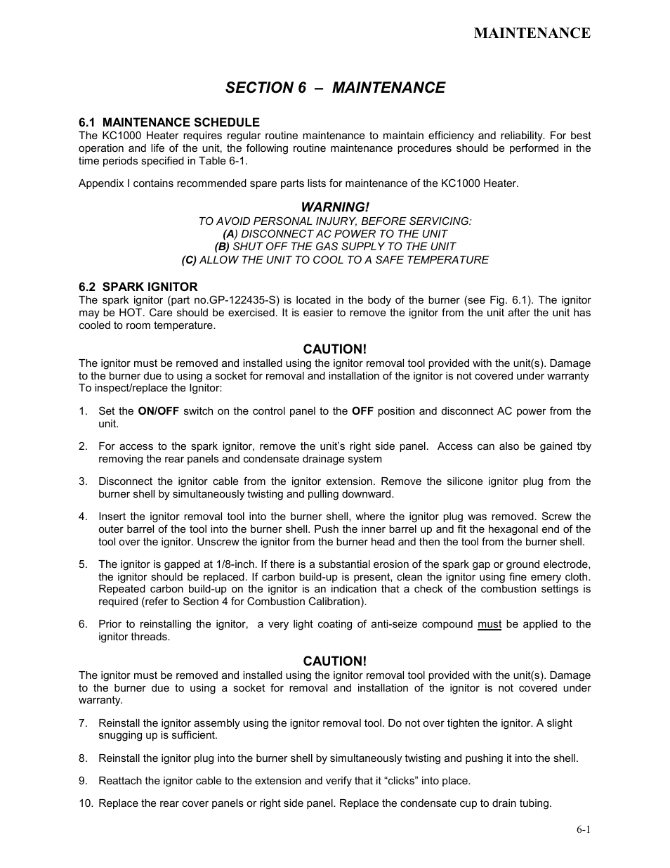 Kc-h-ch6-gf111_12-09-10, 1 maintenance schedule, 2 spark ignitor | Maintenance | AERCO KC Series Equipped with C-More version 3.04 User Manual | Page 48 / 110