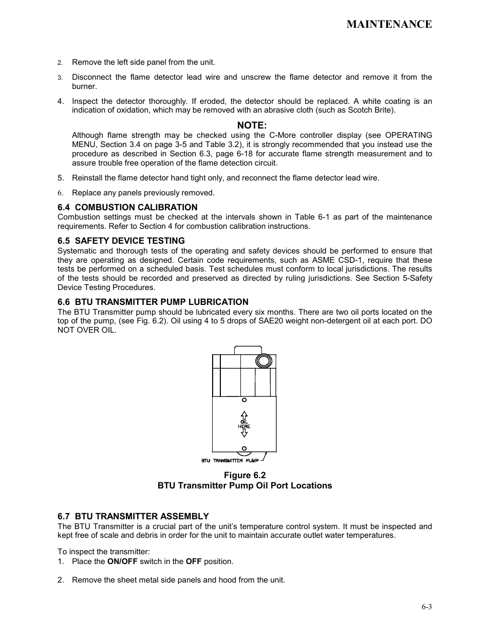 4 combustion calibration, 5 safety device testing, 6 btu transmitter pump lubrication | Figure 6.2, Btu transmitter pump oil port locations, 7 btu transmitter assembly, Maintenance | AERCO KC Series Equipped with C-More version 3.04 User Manual | Page 50 / 110