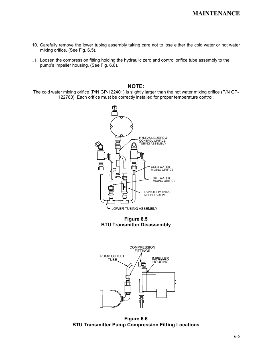 Figure 6.5, Btu transmitter disassembly, Figure 6.6 | Btu transmitter pump compression fitting locations, Maintenance | AERCO KC Series Equipped with C-More version 3.04 User Manual | Page 52 / 110