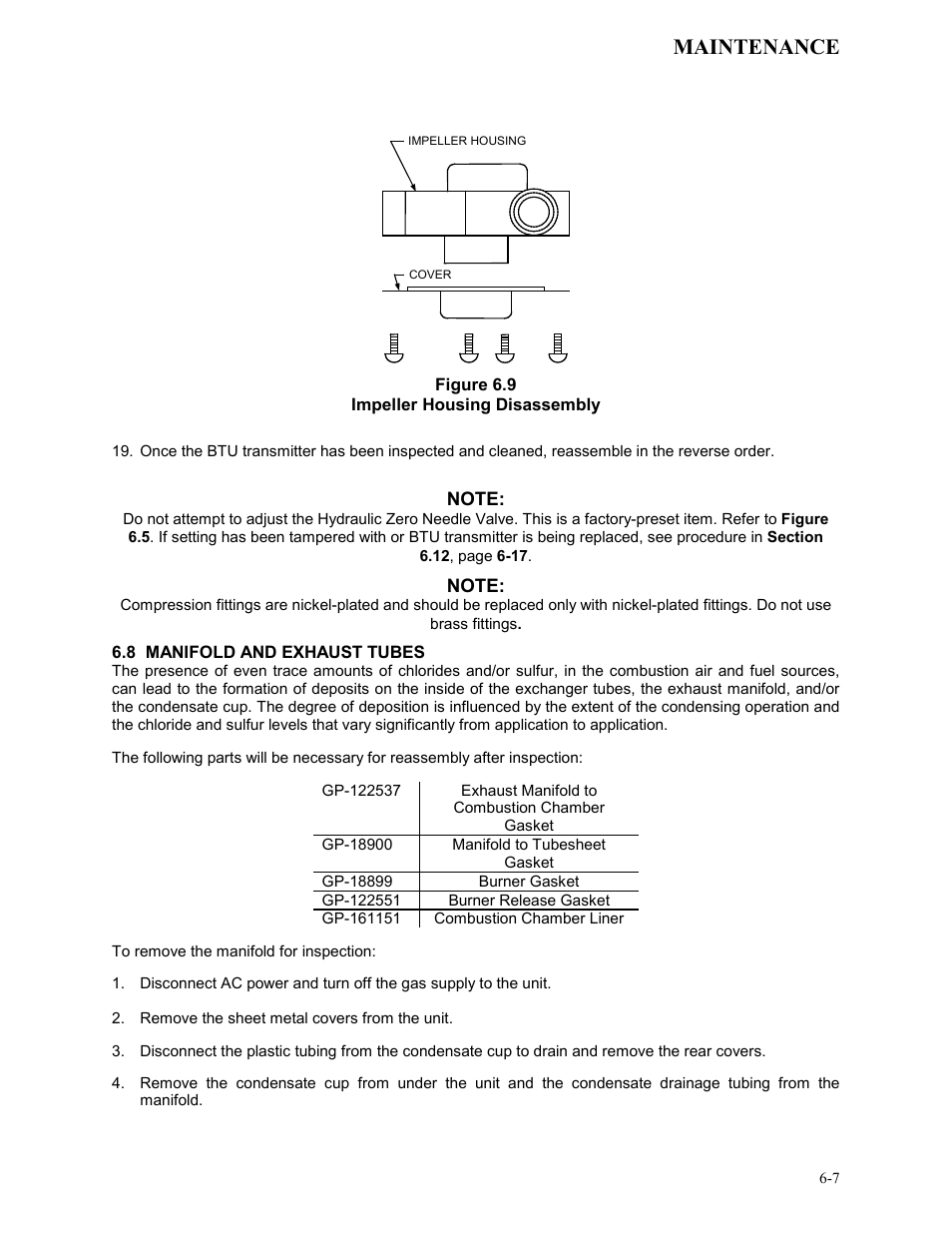 Figure 6.9, Impeller housing disassembly, 8 manifold and exhaust tubes | Maintenance | AERCO KC Series Equipped with C-More version 3.04 User Manual | Page 54 / 110