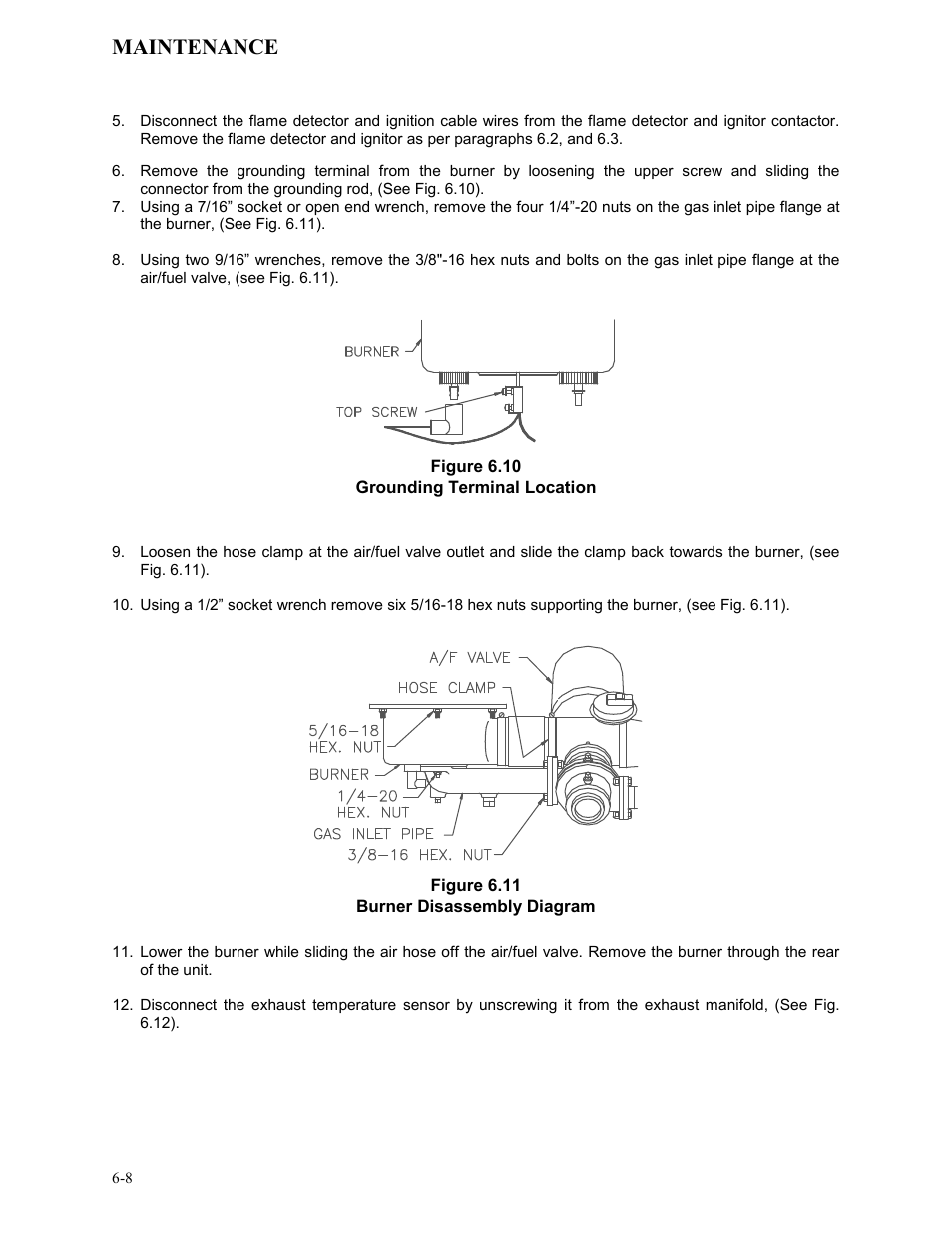 Figure 6.10, Grounding terminal location, Figure 6.11 | Burner disassembly diagram, Maintenance | AERCO KC Series Equipped with C-More version 3.04 User Manual | Page 55 / 110