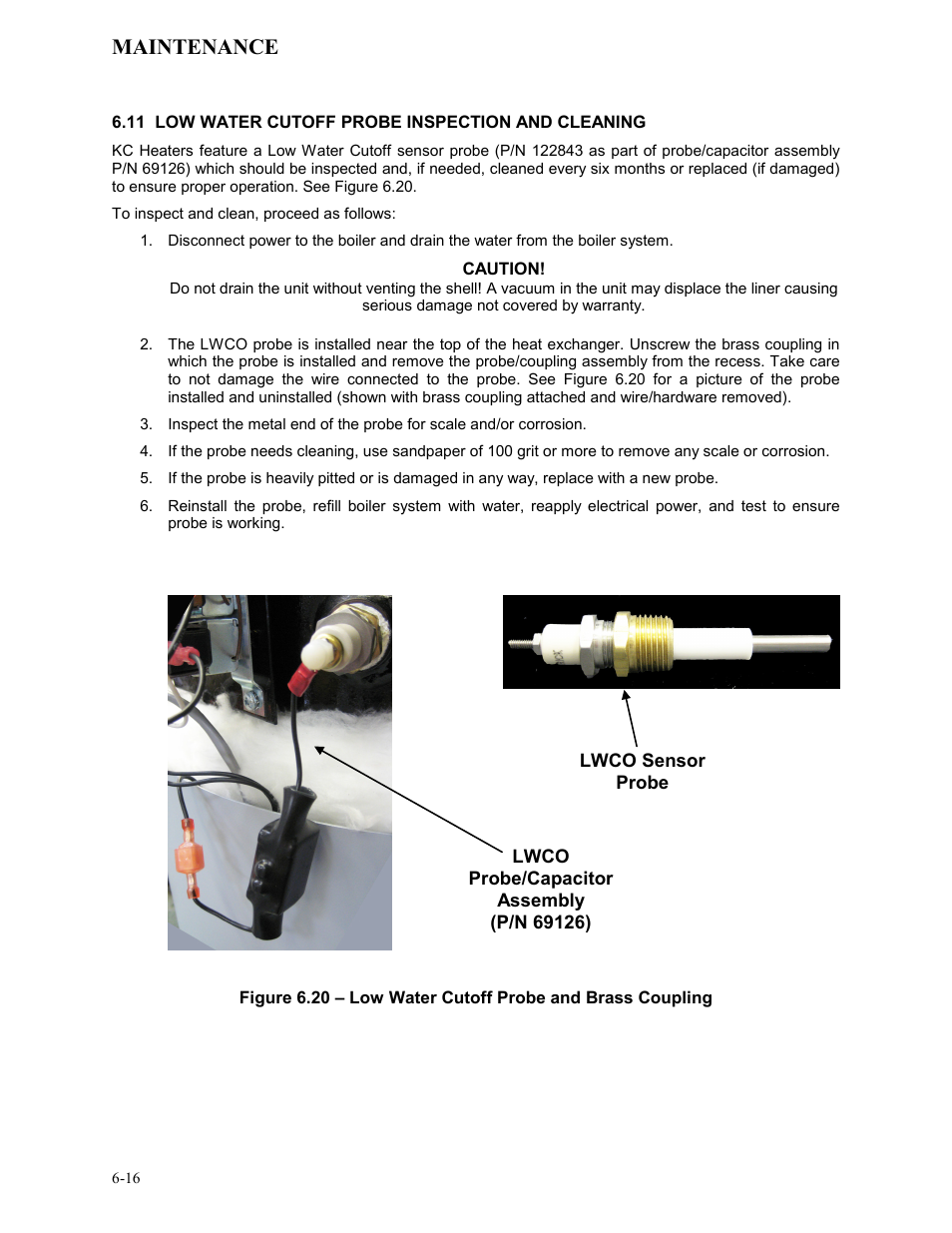 11 low water cutoff probe inspection and cleaning, Maintenance | AERCO KC Series Equipped with C-More version 3.04 User Manual | Page 63 / 110