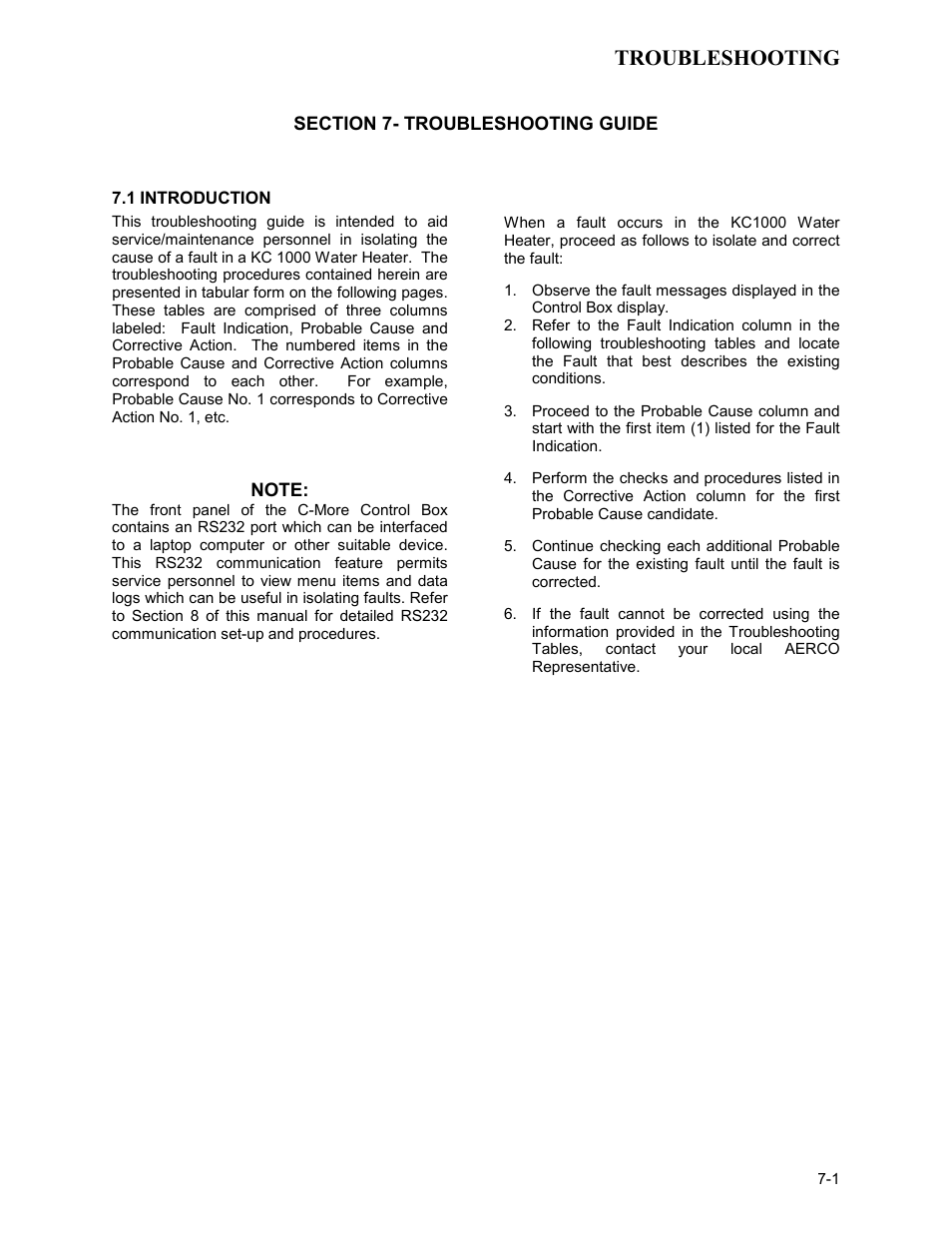 Kc-h-ch7_09-29-10, Section 7- troubleshooting guide, 1 introduction | Troubleshooting | AERCO KC Series Equipped with C-More version 3.04 User Manual | Page 68 / 110