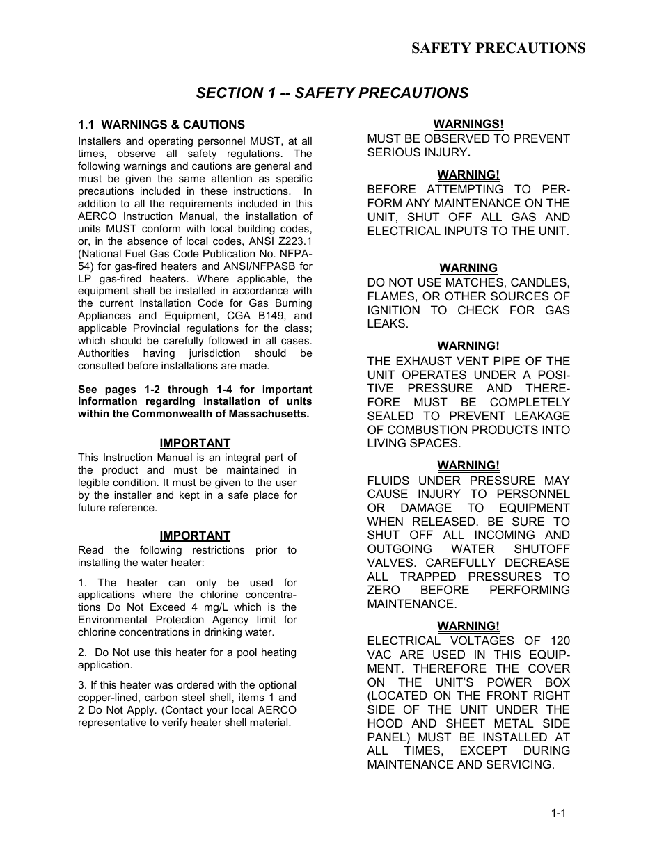 Kc-h-ch1-6-22-10, 1 warnings & cautions, Safety precautions | AERCO KC Series Equipped with C-More version 3.04 User Manual | Page 7 / 110