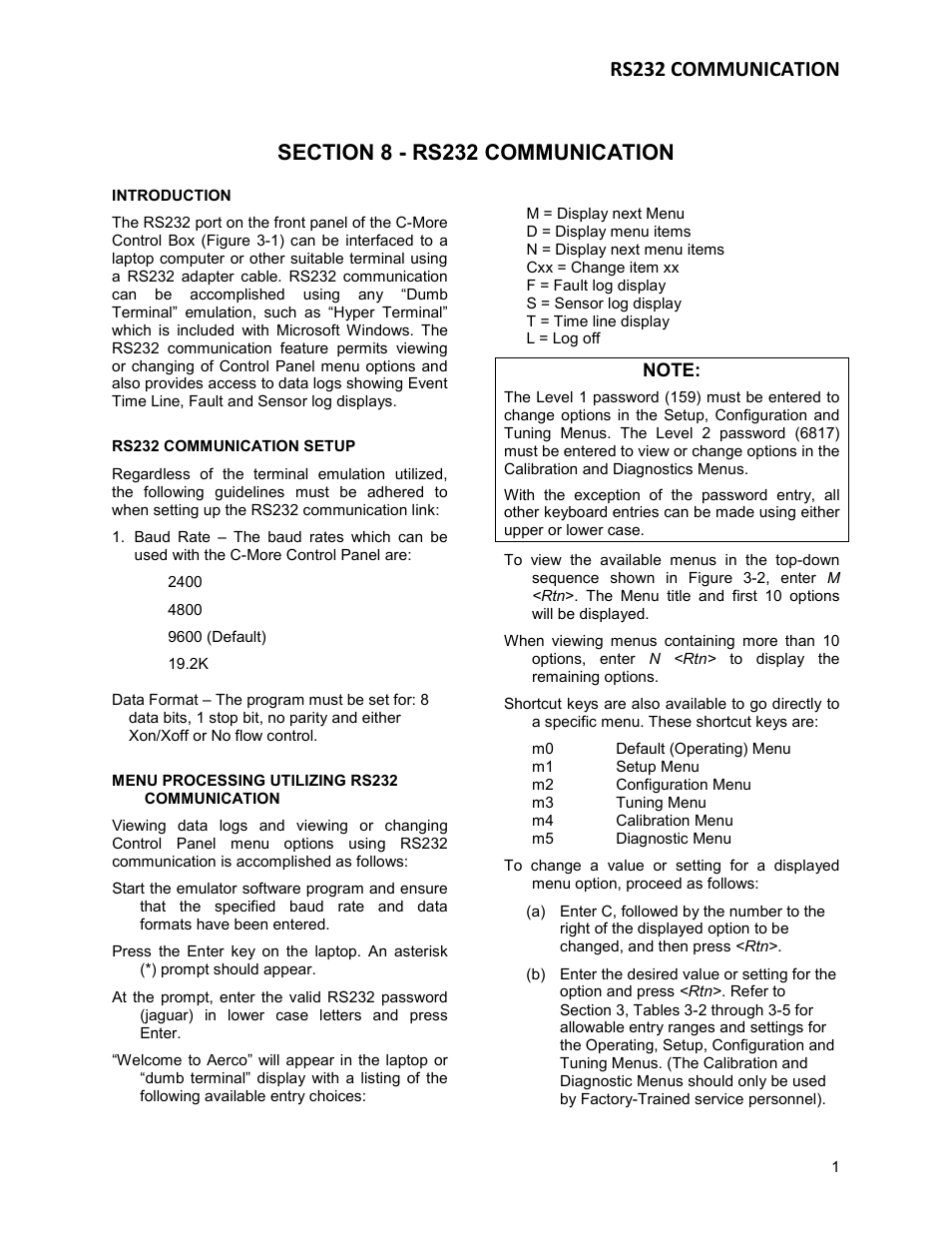 Kc-h-ch8-gf-111 -17-10_fix, Section 8 - rs232 communication, Introduction | Rs232 communication setup, Menu processing utilizing rs232 communication, Rs232 communication | AERCO KC Series Equipped with C-More version 3.04 User Manual | Page 77 / 110