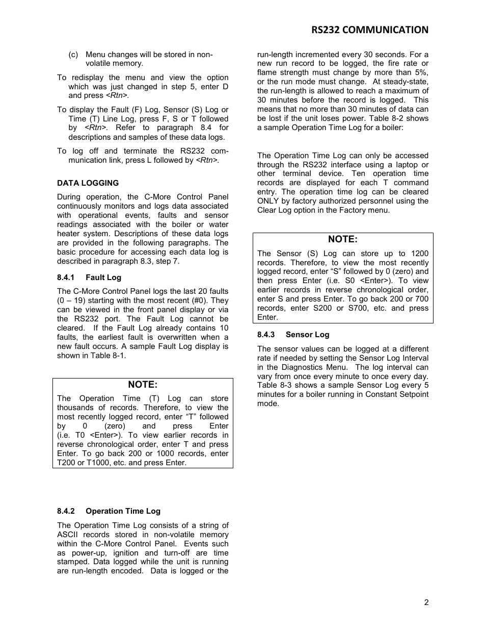 Data logging, 1 fault log, 2 operation time log | 3 sensor log, Rs232 communication | AERCO KC Series Equipped with C-More version 3.04 User Manual | Page 78 / 110