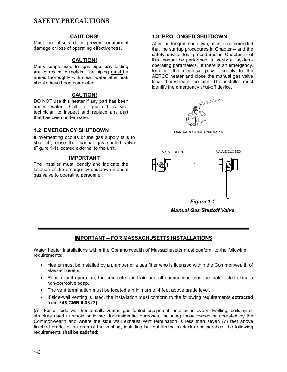 2 emergency shutdown, 3 prolonged shutdown, Safety precautions | AERCO KC Series Equipped with C-More version 3.04 User Manual | Page 8 / 110