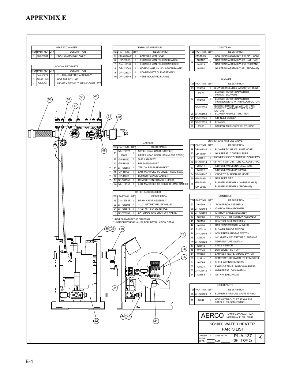 Appendix e, Aerco, Pl-a-137 | Kc1000 water heater parts list, Sh. 1 of 2) | AERCO KC Series Equipped with C-More version 3.04 User Manual | Page 94 / 110