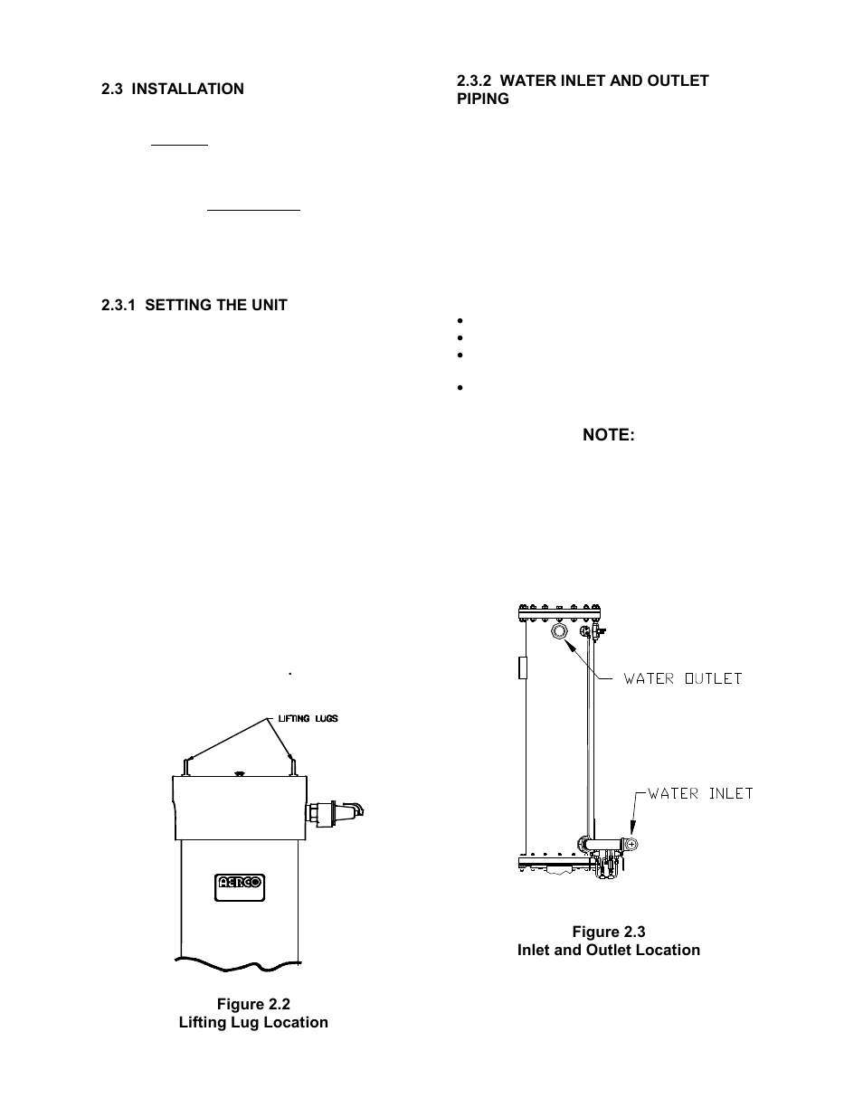 3 installation, 1 setting the unit, Figure 2.2 | Lifting lug location, 2 water inlet and outlet piping, Figure 2.3, Inlet and outlet location, Installation | AERCO KC1000 Heater 2002 User Manual | Page 10 / 106
