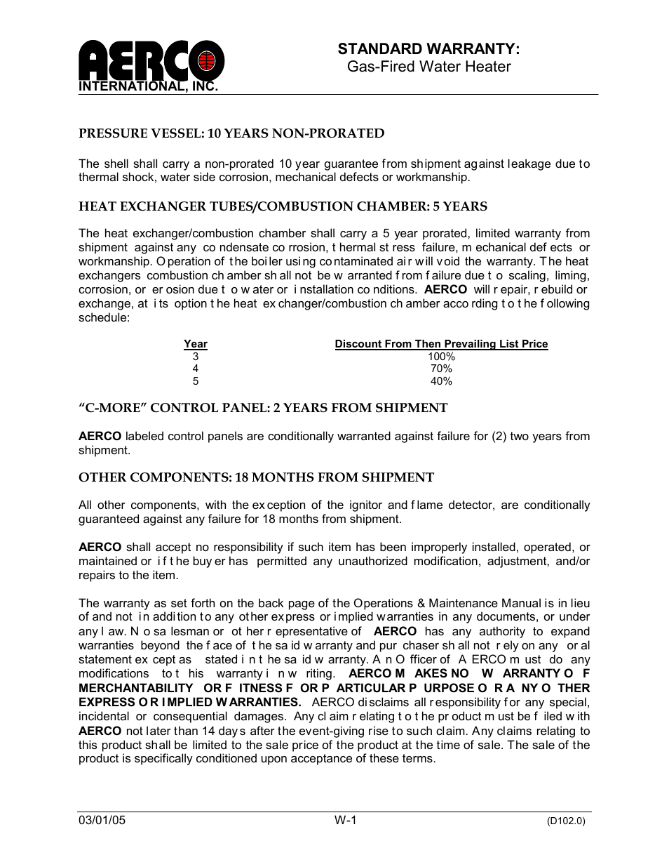 Kc-htr-warranty, Standard warranty: gas-fired water heater | AERCO KC1000 Heater 2002 User Manual | Page 105 / 106