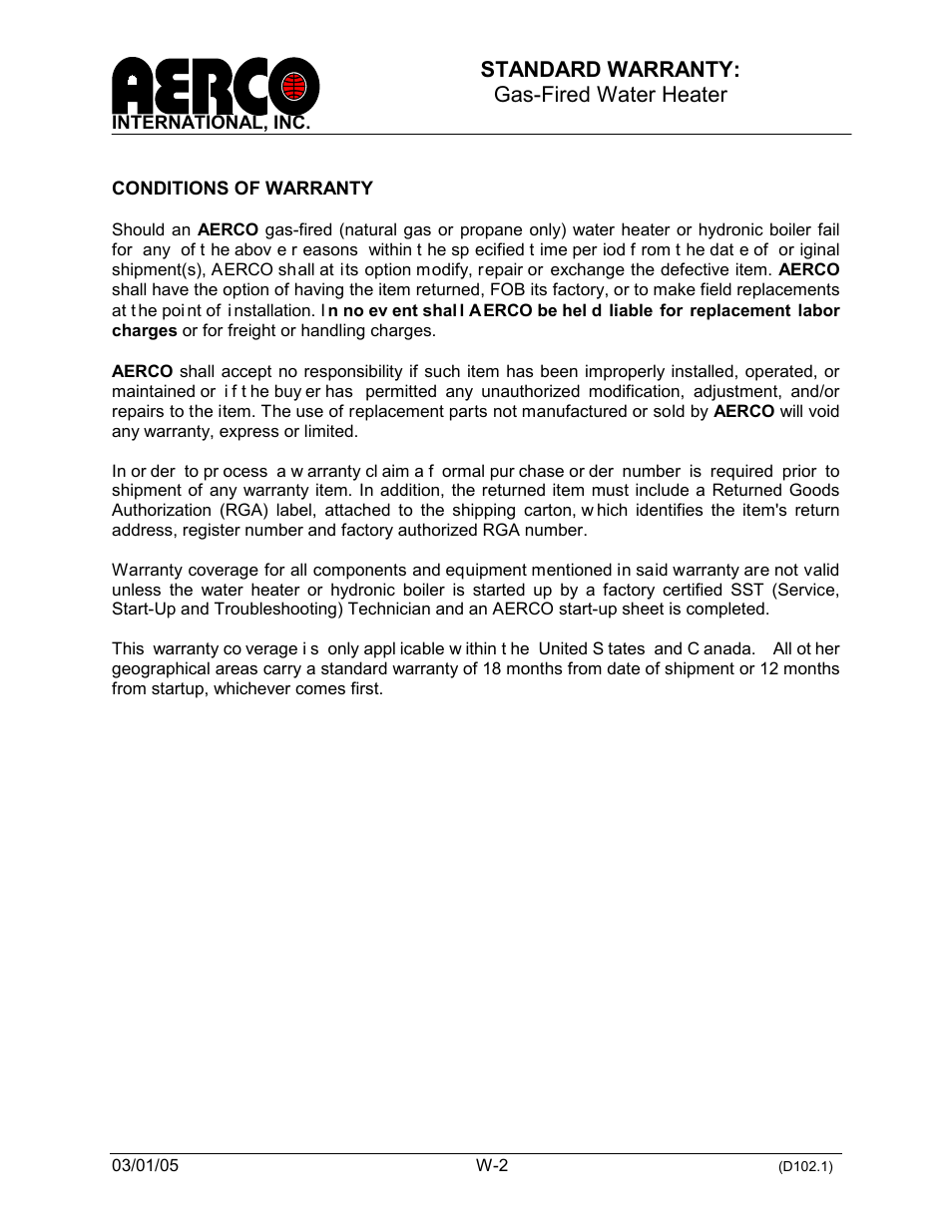 Standard warranty: gas-fired water heater | AERCO KC1000 Heater 2002 User Manual | Page 106 / 106