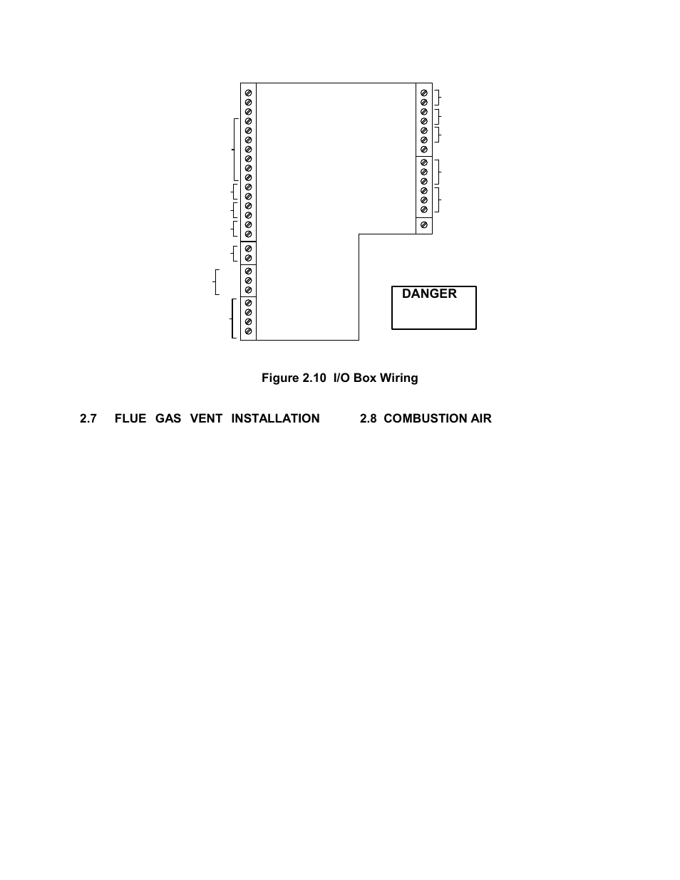 Figure 2.10 i/o box wiring, 8 combustion air, Installation | Danger, 7 flue gas vent installation | AERCO KC1000 Heater 2002 User Manual | Page 16 / 106