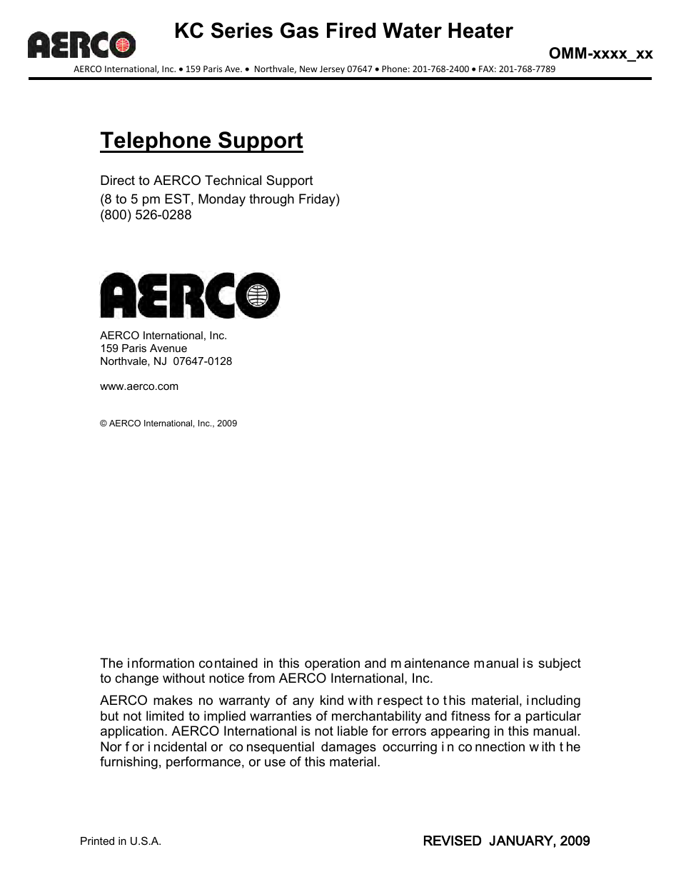 Utelephone support, Direct to aerco technical support, Telephone support | Kc series gas fired water heater, Gf-111 | AERCO KC1000 Heater 2002 User Manual | Page 2 / 106