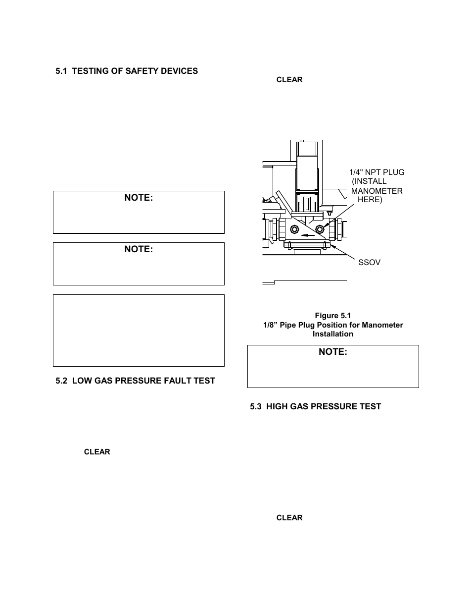 Kc-h-ch5 -26-07, Section 5 - safety device testing procedures, Figure 5.1 | 1/8” pipe plug position for manometer installation, 3 high gas pressure test, Safety device testing | AERCO KC1000 Heater 2002 User Manual | Page 37 / 106