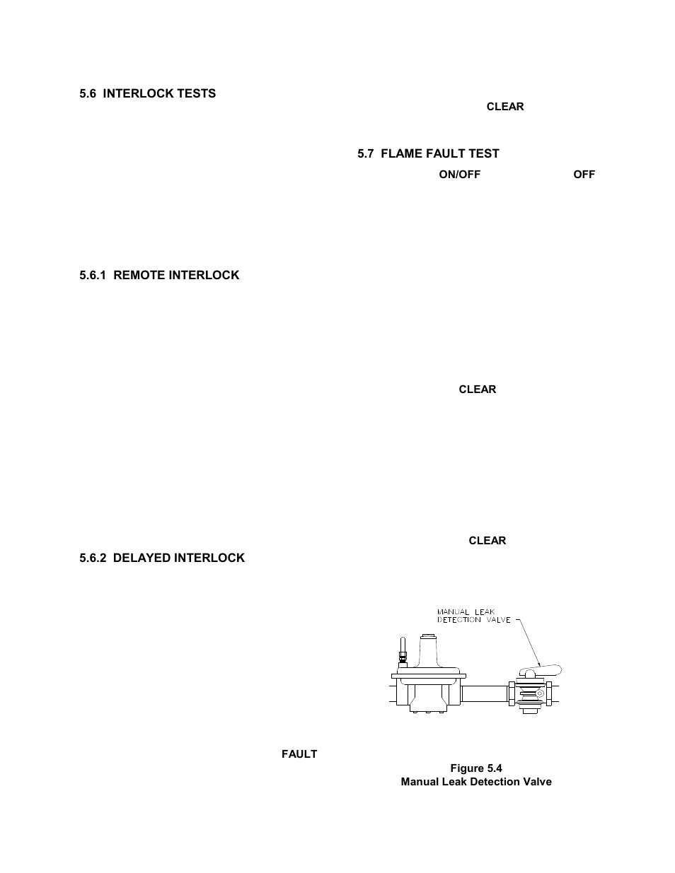 6 interlock tests, 1 remote interlock, 2 delayed interlock | 7 flame fault test, Figure 5.4, Manual leak detection valve, Safety device testing | AERCO KC1000 Heater 2002 User Manual | Page 39 / 106