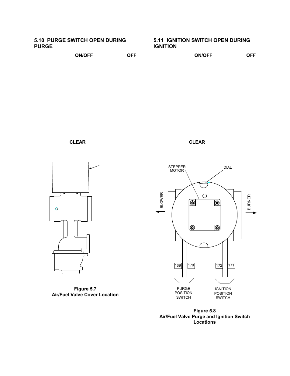 10 purge switch open during purge, Figure 5.7, Air/fuel valve cover location | 11 ignition switch open during ignition, Figure 5.8, Air/fuel valve purge and ignition switch locations, Safety device testing | AERCO KC1000 Heater 2002 User Manual | Page 41 / 106