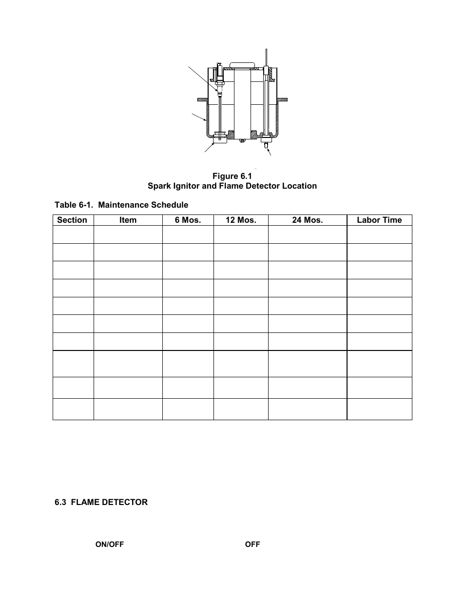 Figure 6.1, Spark ignitor and flame detector location, 3 flame detector | Maintenance | AERCO KC1000 Heater 2002 User Manual | Page 44 / 106