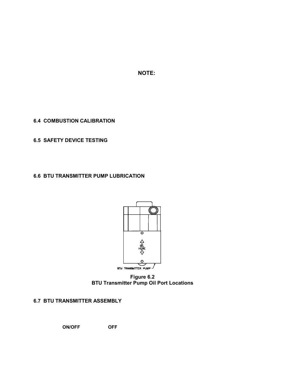 4 combustion calibration, 5 safety device testing, 6 btu transmitter pump lubrication | Figure 6.2, Btu transmitter pump oil port locations, 7 btu transmitter assembly, Maintenance | AERCO KC1000 Heater 2002 User Manual | Page 45 / 106